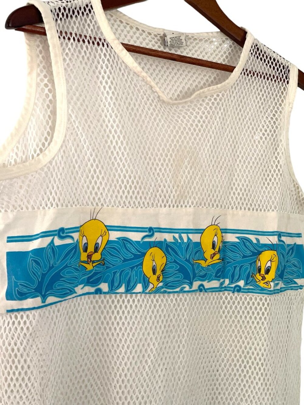 Vintage 90s Looney Tunes Tweety Bird Mesh Tank Top One Size White Blue Sheer